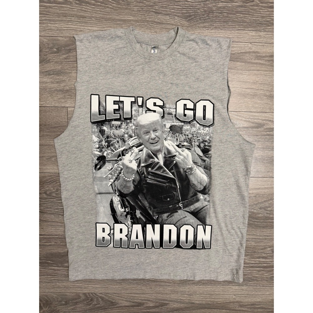 Mens Muscle Tee Large Lets Go Brandon Trump Motorcycle Gray Patriotic MAGA